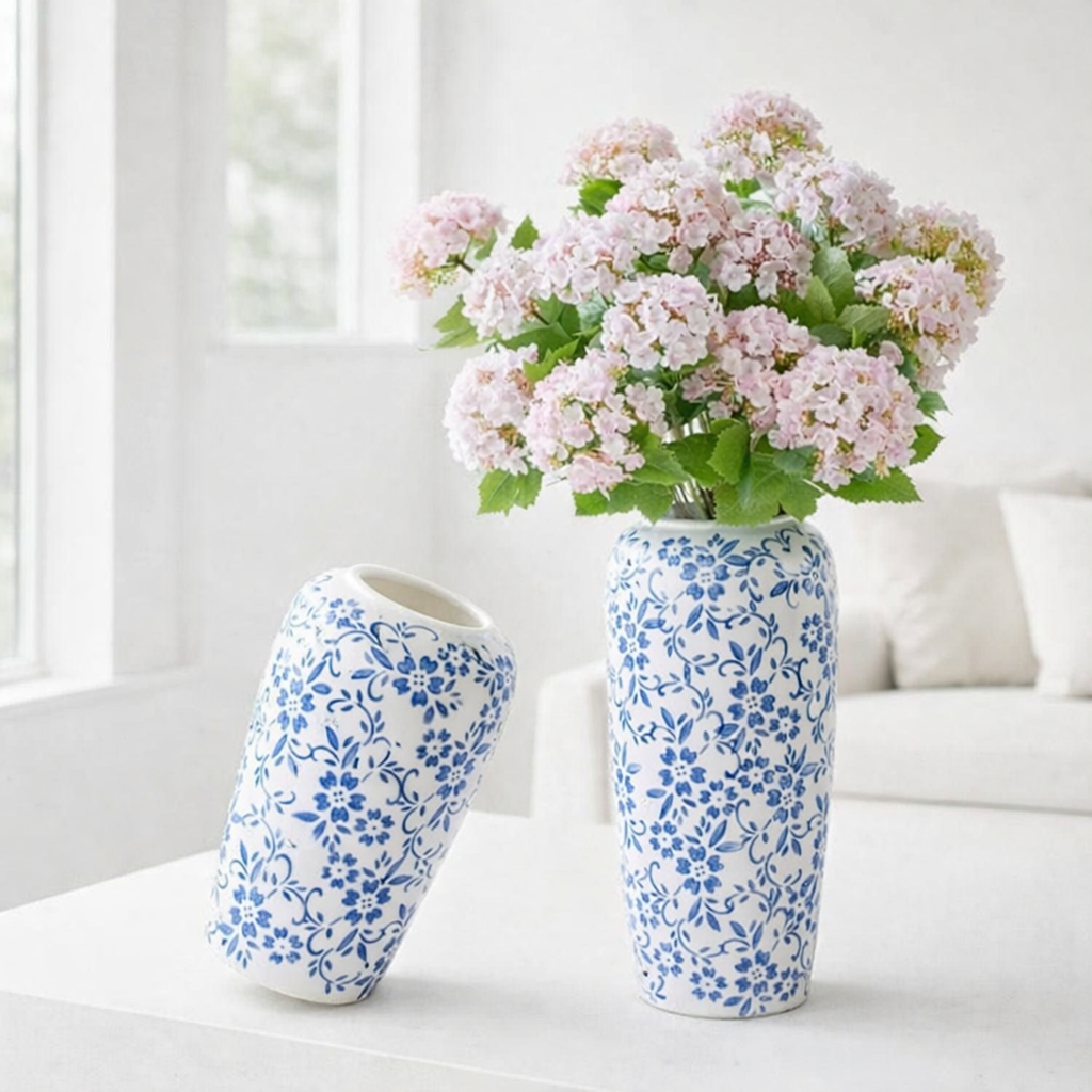 Set of 2 Blue Floral Ceramic Vases