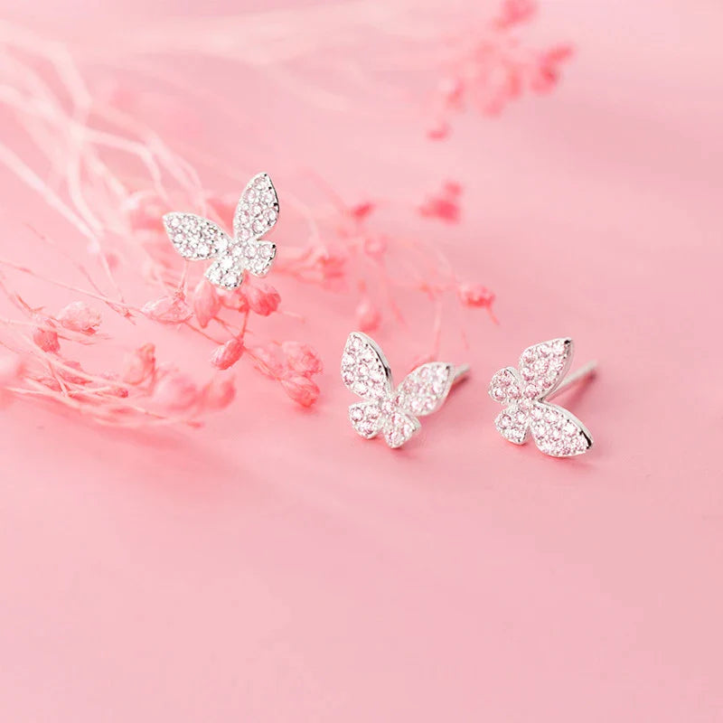 Valentines Gifts For Her 925 Silver Pink Crystal Butterfly Studs