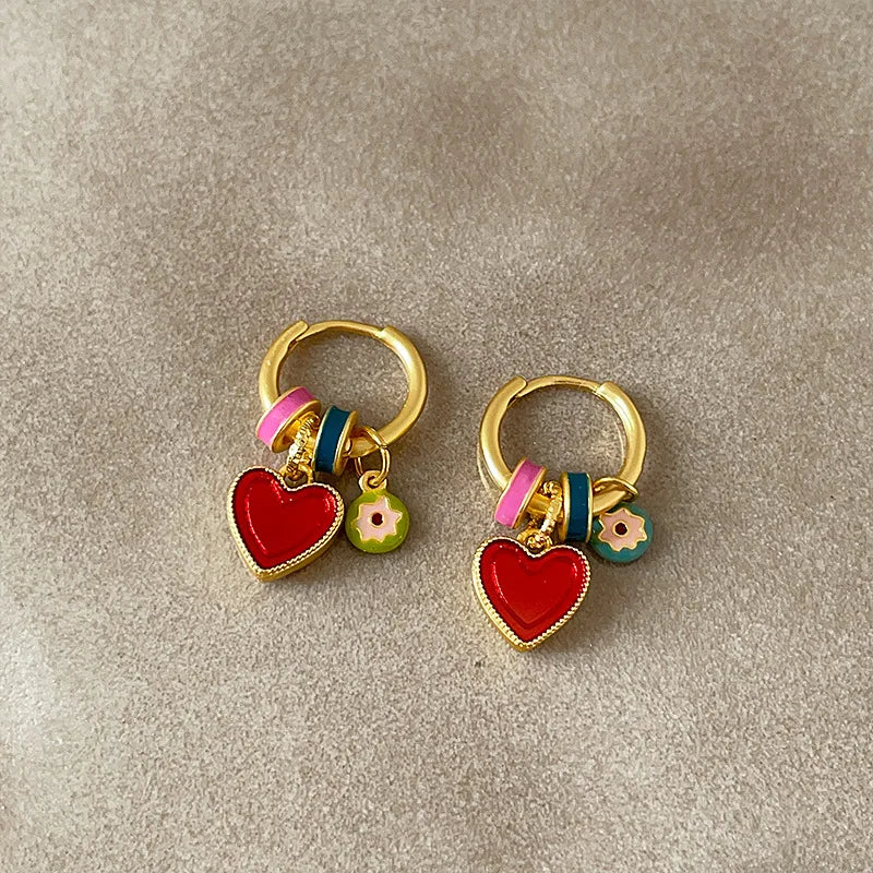 Gold Plated Hoop Earrings With Enamel Heart Charms Valentines Gifts For Her