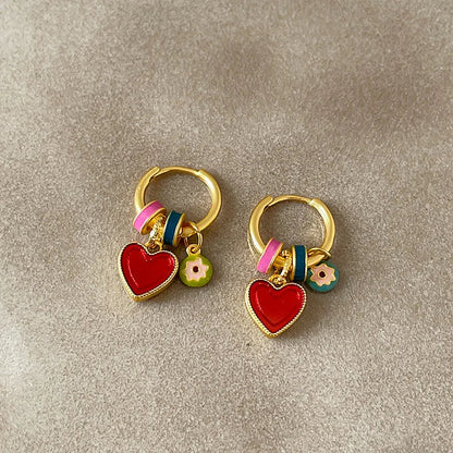 Gold Plated Hoop Earrings With Enamel Heart Charms Valentines Gifts For Her