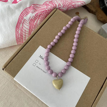 Vintage Green Beaded Pink Heart Necklace Valentine'S Day