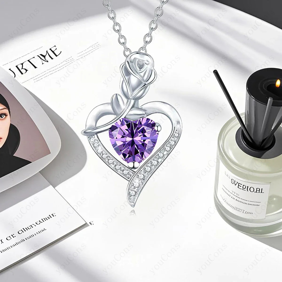 Purple Zircon Heart Pendant Necklace Valentine'S Day Gift Set