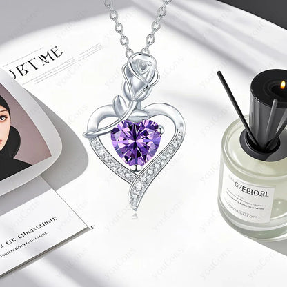 Purple Zircon Heart Pendant Necklace Valentine'S Day Gift Set