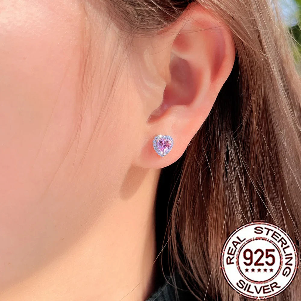 Valentines Gifts For Her 925 Silver Pink Zircon Heart Stud Earrings