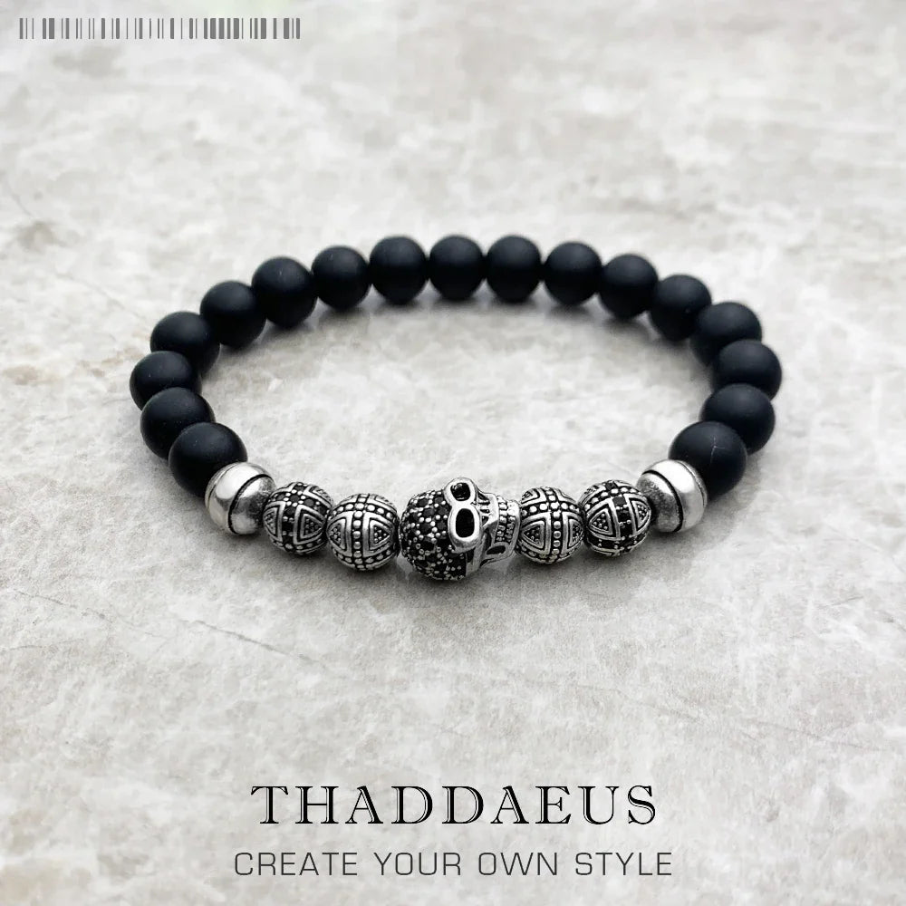 Valentines Gifts For Him Skull Cross Obsidian Bead Bracelet 925 Silver