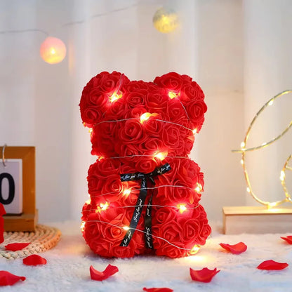 25Cm Rose Bear With Gift Box And Warm Lights