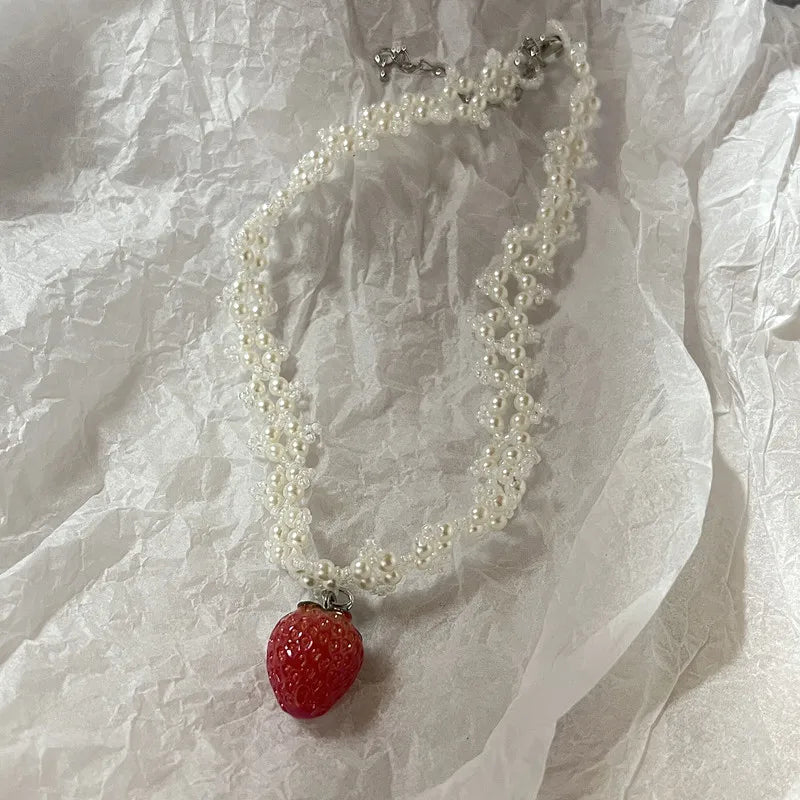 Pearl Strawberry Pendant Choker Necklace Valentine'S Day