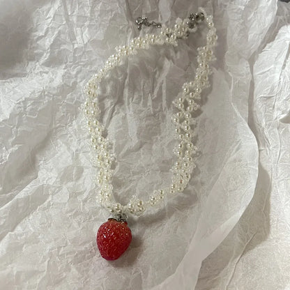 Pearl Strawberry Pendant Choker Necklace Valentine'S Day