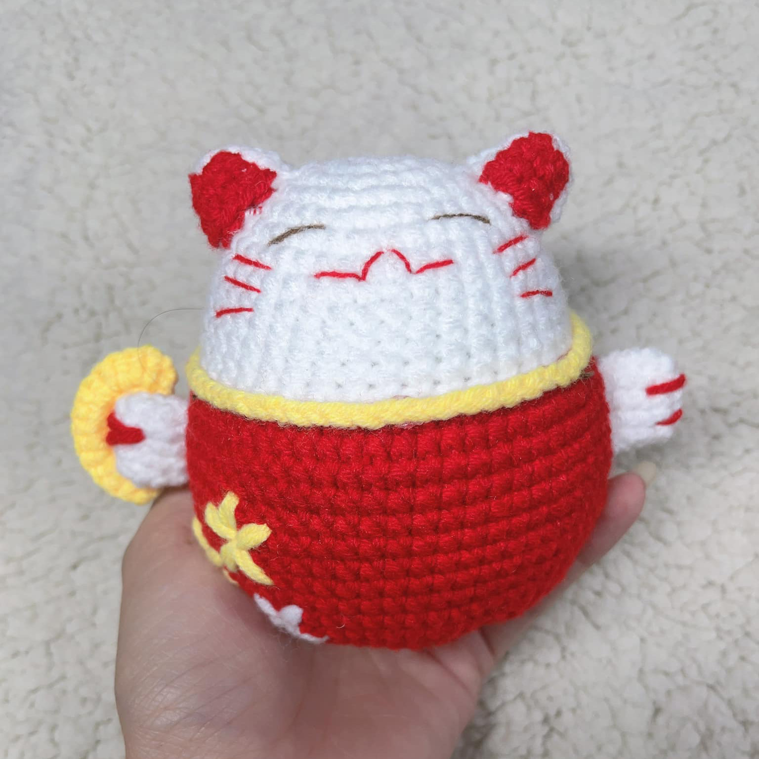 Handmade Cute White and Red Lucky Cat Plush Toy