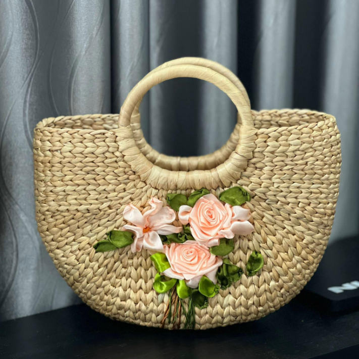 Handmade Rattan Half-Moon Basket with Embroidered Flower