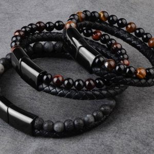 Black Onyx & Tiger Eye Men Chakra Bead Bracelet, Natural Marnau Leather Bracelet