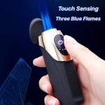 Electric Touch Sensing Display Torch Lighter, Triple Jet Blue Flame, Refillable Butane, Usb Charging, Adjustable, Windproof