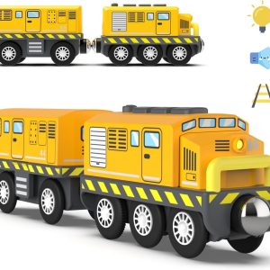 Wooden Train Track Accessories Battery Operated Locomotive Train, Motorized Train For Toddlers With Magnetic Connection, Powerful Engine Train Vehicles (Yellow Battery Operated Train With Lights)