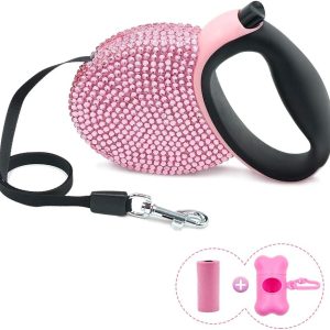 Triumilynn Rhinestone Retractable Dog Leash Bling 10Ft, Cat Walking Leash Pink For Small Breed, Gift Waste Bags Dispenser Included, 360° Tangle-