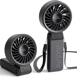 Jisulife Handheld Fan Life7,2024 Powerful Portable Fan With Led Display[19.5Hrs Max Cooling]5000Mah,150°Folded,5 Speeds,Lanyard; 3-In-1 Hand/Desk/Neck Fan,Travel Essentials Gifts For Women,Men(Black)