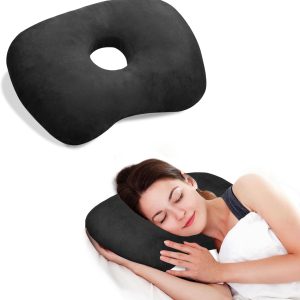 Ear Piercing Hole Pillows Side Sleeper Pillow With An Ear Hole For Cnh Side Sleepers And Ear Inflammation Pressure Sores, Adjustable Cotton And Polyester Curved Side Pillow, Black Velvet