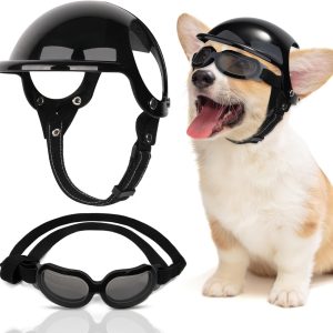 Slowton Dog Helmet And Goggles – Uv Protection Doggy Sunglasses Dog Glasses Pet Motorcycle Helmet Hat With Ear Holes Adjustable Belt Safety Hat For Small Medium Large Dogs Puppy Riding (Black, S)