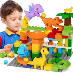 Burgkidz Marble Run Building Blocks Dino Toys: Stem Ball Race Track For Boys & Girls With Functional Dinosaur Building Blocks, Marbles Maze Game Toy Set For Kids Ages 3 4-8