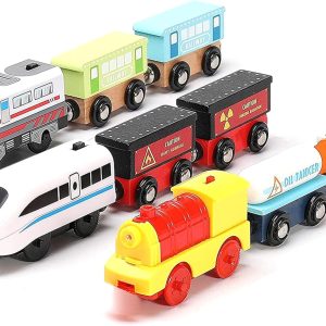 Wooden Trains Set Motorized Action Trains, 9 Piece Battery Operated Engine Train Toy, 3 Motorized And 6 Wooden Trains, Compatible To Wooden Tracks From All Major Brands