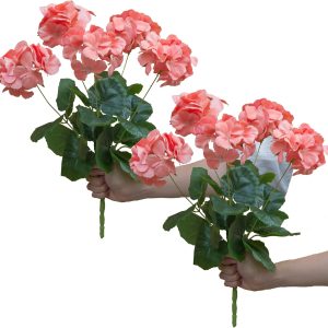 Mumiko 2Pcs 18” Artificial Geraniums Silk Flowers Outdoor Uv Resistant Garden Plants Bush (Salmon)