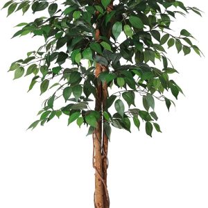 Soguyi 5Ft Artificial Ficus Tree With Natural Wood Trunk, Silk Ficus Tree In Plastic Nursery Pot, Faux Plant For Office Home, Indoor Outdoor Decor, 1 Pack