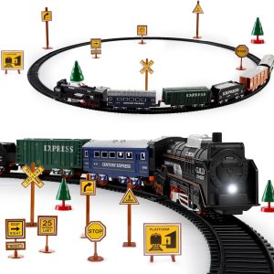 Deao Train Set With Light For Kids, Cargo Cars And Long Track For Boys & Girls Aged 3-12, Train Toys Railway Kits With Signposts & Trees, Electric Train Race Track Playset,Great Birthday & Xmas Gifts