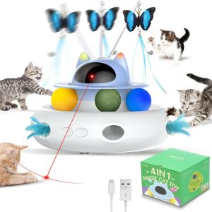 Catism Cat Toys,4-In-1 Interactive Toy,For Indoor Bored Adult Cats & Kittens,Self Play Automatic Feather Teaser ,Catnip Trackball,Laser Pointer,Random Pop-Up Mole Hole,Rechargeable Usb Power Blue