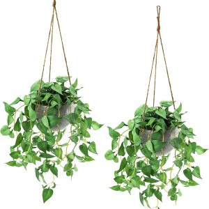 Tnntopele Hanging Plants With Pots, 2 Pack Artificial Faux Anthurium Leaf Hanging Basket Plant For Wall Home Room Indoor Outdoor Decor