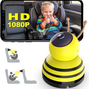 Baby Car Camera, Wifi 1080P Rear Facing Car Seat Camera Hd Night Vision Safety Car Seat Camera 360 Rotation Car Baby Monitor Wireless Easy Install Cute Little Bee Backseat Camera A28 Baby Car Mirror