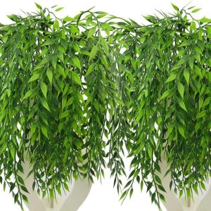 Artificial Weeping Willow, Plastic Plants Greenery Leaves Hanging Vine Faux Ivy Garland Uv Resistant For Home Indoor Outdoor Garden Door Wall Baskets Wedding Party Table Decor Decoration – 8 Pcs