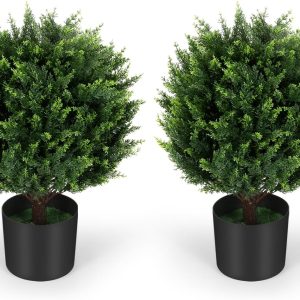 Keepinno 21”T Artificial Cedar Topiary Ball Tree 2 Pack, Outdoors Artificial Shrubs Plants Uv Rated Potted Plants For Outdoor, Indoor, Front Door, Office Decor.