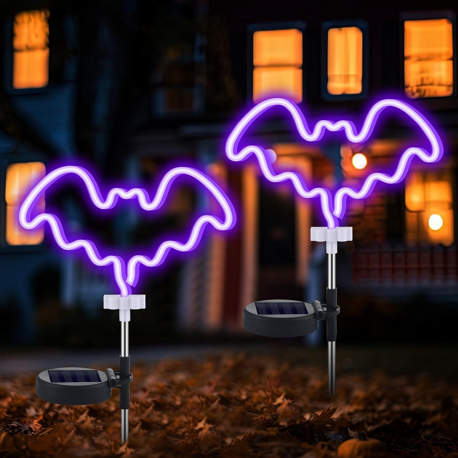 Halloween Decoration Outdoor, Solar Halloween Orange Purple Bat Garden Stake Lights, Neon Solar Outdoor Waterproof