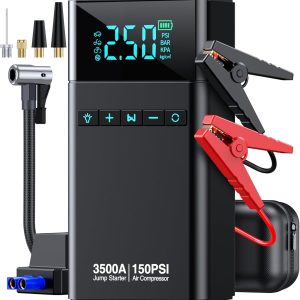 Czkbg Portable Car Jump Starter With Air Compressor, 3500A 150Psi Car Battery Jump Starter Battery Pack (All Gas/10L Diesel), 12V Car Jump Box Car Battery Jumper Starter, Large Lcd Display, 2 Lights