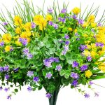 Cewor 9Pcs Artificial Flowers, Uv Resistant Faux Outdoor Flowers, Plastic Flowers For Cemetery Decoration Home Kitchen Bedroom Wedding Party Decor (Yellow, Purple, Green)