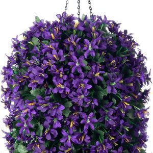 Artificial Hanging Plants Flowers Basket For Outdoor Outside Porch Decor, Faux Silk Realistic Uv Resistant Purple Long Vines In Planter For Patio Balcony Yard Home