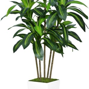 Astidy Artificial Dracaena Tree 5Ft – Faux Tree With White Tall Planter – Tropical Yucca Floor Plant In Pot – Artificial Silk Tree For Home Office Living Room Decor Indoor