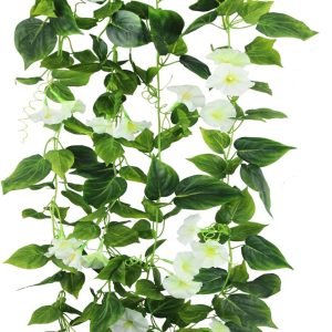 Cisdueo 2 Pcs Artificial Vines Silk Morning Glory Vines For Outdoor 15Feet Hanging Plants Garland White Green Plant Morning Glories For Home Decor Wall Fence Stairway Wedding Hanging Baskets