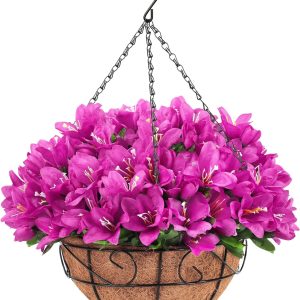 Ouddy Decor Artificial Hanging Flowers In Basket, Silk Azalea Flowers With Coconut Lining Hanging Baskets Outdoor Hanging Plants Spring Flowers For Yard Patio Front Porch Home Decor, Fuchsia