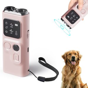 Dog Bark Deterrent Devices, Barks No Clicker Dog Training Device, Anti Barking Device For Dogs Indoor Outside Handheld Ultrasonic 32Ft With Flashlight Dog Training Tool Rechargeable (Pink)