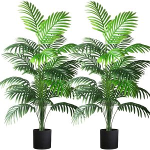 4Ft 2Pcs Large Artificial Plants Palm Tree Tropical Palm Leaves Faux Palm Plants Tall Tree Indoor Real Touch Plastic Monstera Leaves For Home Garden Outdoor Office Decor (4Ft/125Cm-2Pcs)