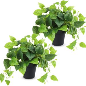 Cewor Faux Pothos, 2 Pack Artificial Plants With Plastic Pot, Artificial Potted Plants For Home Office Bedroom Indoor Outdoor Decor (Blcak)