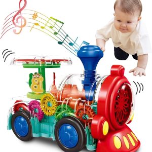 Transparent Train Toy – Fun And Interactive Electric Train Toy For Kids – Music Train With Led Light Up – Colorful Moving Gears -Tummy Time Crawling Baby Toys For Boys Girls