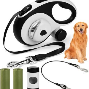 Odriew Retractable Dog Leash For Large Dogs, 26Ft With Chew Proof Cable, Led Light, Dispenser, 2 Poop Bags. 360° No Tangle, One Button Brake & Lock, For Dogs Up To 110Lbs. (White, 26Ft)