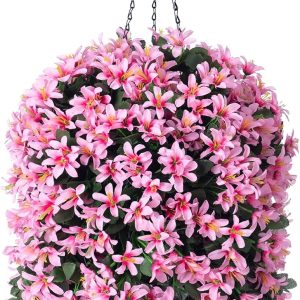 Artificial Faux Hanging Outdoor Plants Flowers Basket For Spring Decoration, Silk Realistic Uv Resistant Pink Long Vines Planter For Outside Home Porch Patio Balcony Yard Decor