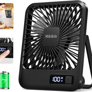 Mikikin Desk Fan Battery Operated, Portable Usb Rechargeable Fan, 2000Mah 180° Tilt Folding Personal Fan With Power Display, 5 Speeds Ultra Quiet Table Fan For Desktop, Home, Travel(Black)