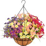 Ouddy Decor Artificial Hanging Flowers With Basket, Faux Silk Flowers In Coconut Lining Basket, Hanging Plants For Outdoors Indoors Garden Patio Yard Porch Lawn, Mixed Color