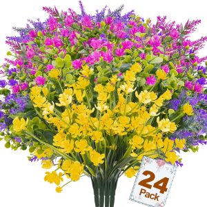 24 Bundles Artificial Flowers For Outdoors, Artificial Plants Uv Resistant Flowers Greenery Shrubs Plants For Decoration Outdoor Plants Hanging Planter Home Garden Decor