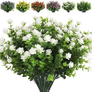 Recutms Artificial Flowers, Outdoor Uv Resistant Plants Artificial Lotus Flowers Eucalyptus Greenery Shrubs Bridal Wedding Bouquet For Home Garden Party Wedding Decoration 8 Bundles (White)