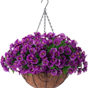 Ammyoo Artificial Hanging Plants Flowers With Basket For Spring Summer Outdoor Outside Decoration, Artificial Petunias Morning Glories Plants For Patio Garden Porch Deck Yard