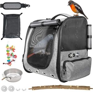 Bird Cage Backpack With Sunshade For Parakeets Cockatiels, Bird Travel Bag With Stand For Easy Cleaning, Transparent Breathable Travel Cage For Pets (Grey)